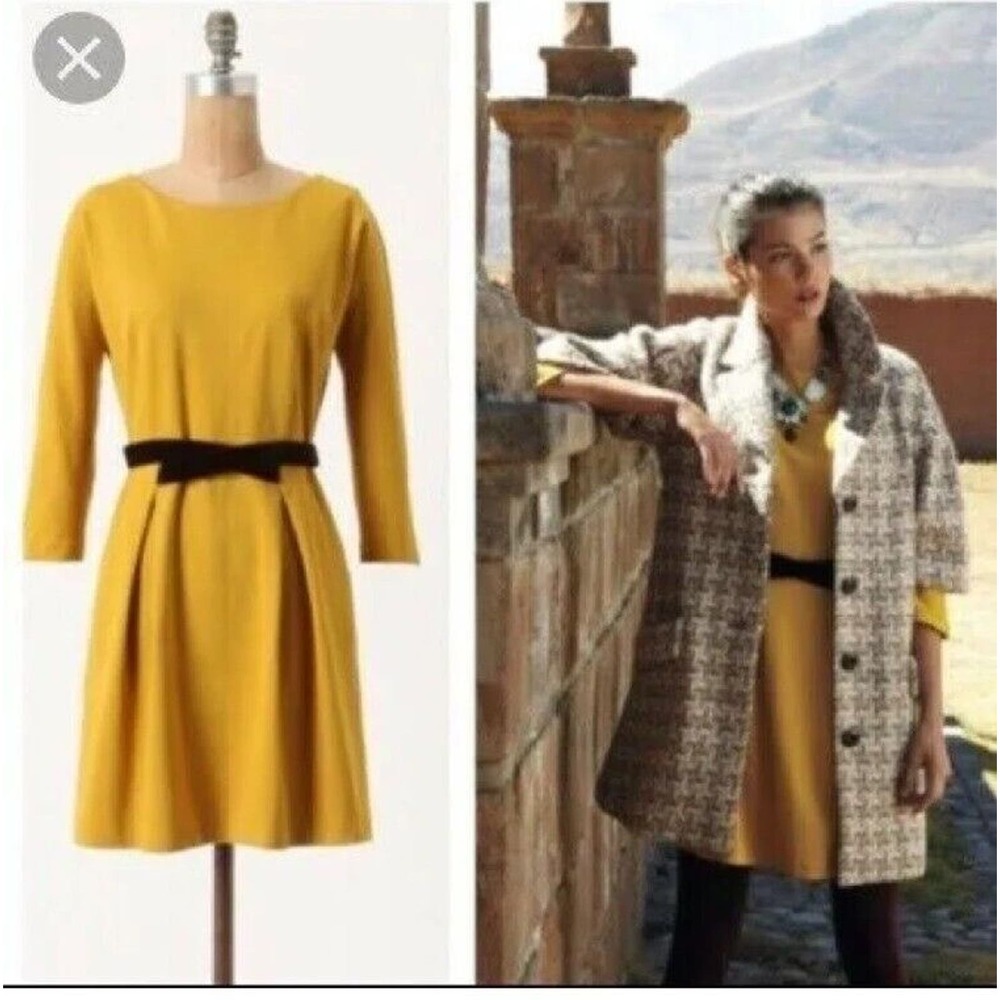 Girls From Savoy XS Mustard Yellow Velvet Belt Ponte Knit Dress Anthropologie - Picture 2 of 10